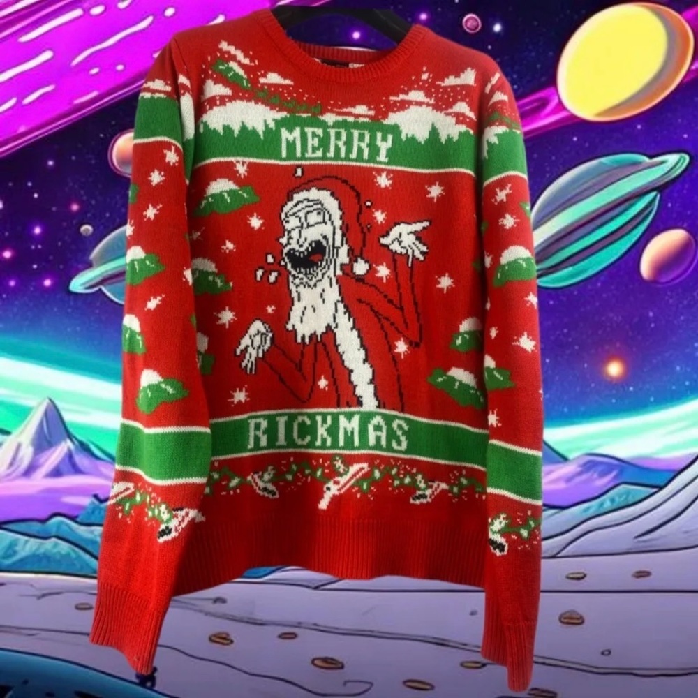 Rick & Morty Christmas Sweater Mens Large Merry Rickmas Ugly Adult Swim B30